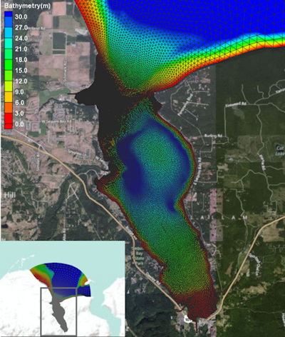 Sequim Bay Operational Forecast System grid and bathymetry